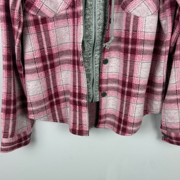 No Boundaries Pink & Gray Plaid Hooded Button & Zip Flannel Shirt Size Large - Picture 8 of 15